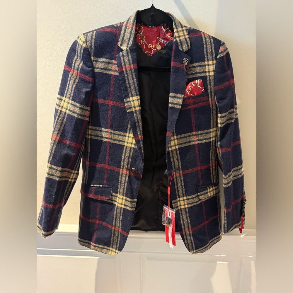 Elle Navy Plaid Blazer with Red and Cream Details